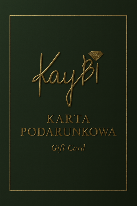 Karta Podarunkowa KayBi w eleganckim złotym stylu na tle głębokiej zieleni – ekskluzywny voucher prezentowy dla Kobiet.”
